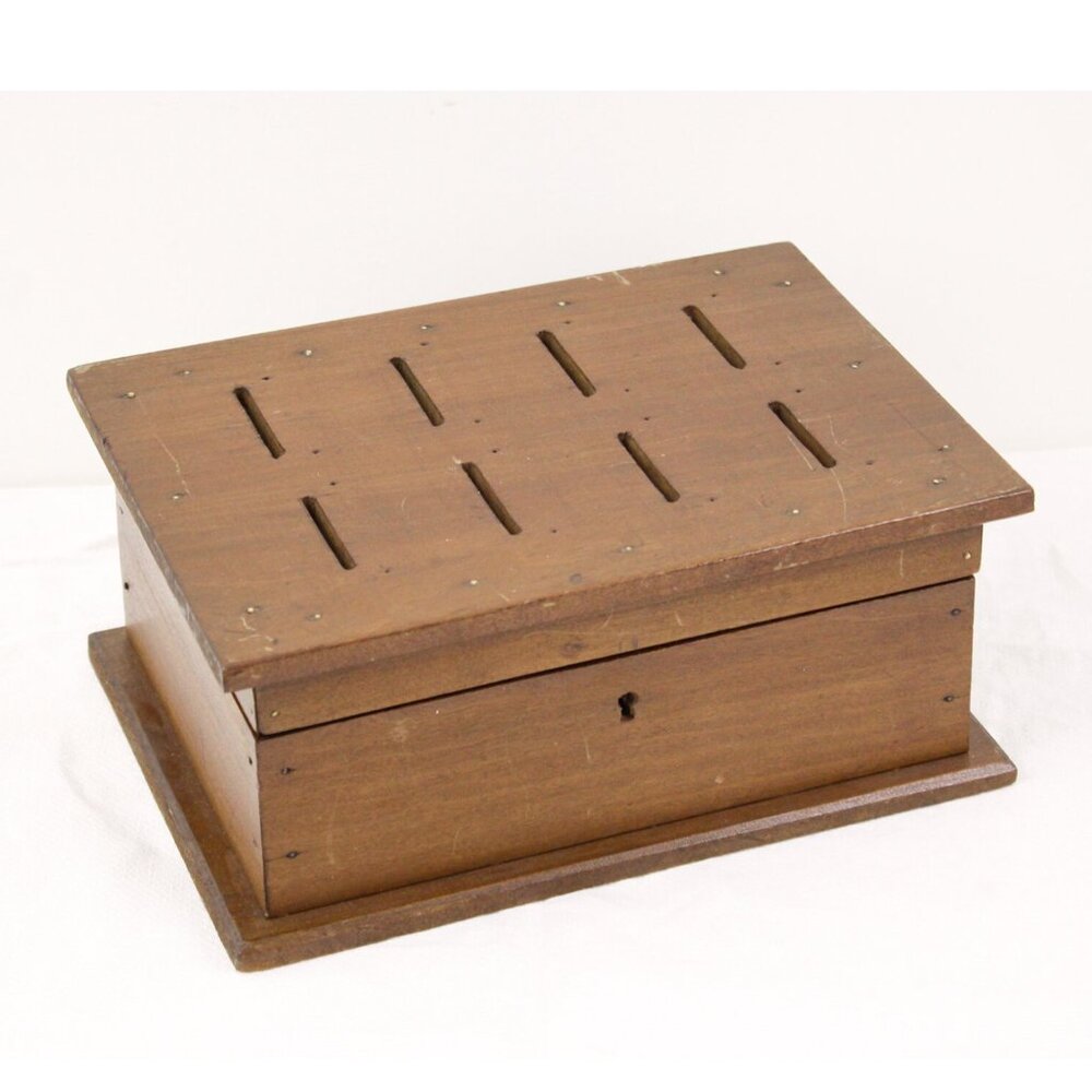 Vintage wooden coin bank, household budget box, alternative saving bank, piggy